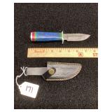 Fixed Blade Damascus Steel Knife with Colored Wood Handle and Leather Sheath