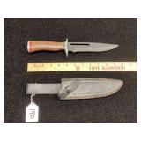 Fixed Blade Bowie Knife with Wooden Handle and Leather Sheath