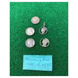 Group of Four Mercury Dimes Including Cut Coin Jewelry and Full Coins Dated 1929, 1939, and Others