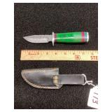 Damascus Fixed Blade Knife with Multi-Color Wood Handle and Leather Sheath