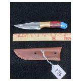 Fixed Blade Knife with Pattern Welded Damascus Steel Blade and Multimaterial Handle with Leather Sheath