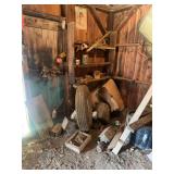 Assorted Barn Content Lot Including Shelving, Tools, and Automotive Parts