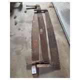 Group of Three Assorted Two-Man Crosscut Saws with Wooden Handles