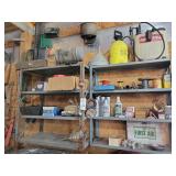 Shop Shelving Unit Contents Lot Including Hardware Sprayers and Automotive Supplies