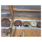 Lot of Four Implement Seats and Pioneer Wall Clock