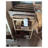 Rolling Utility Cart with Multiple Metal Multi-Compartment Trays and Engine Cylinder Heads