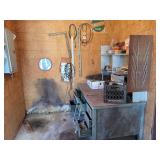 Shop Contents Lot with Metal Workbench, Hand Tools, Automotive Parts, Hardware, and Signage