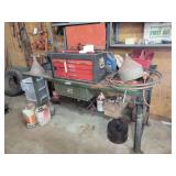Metal Workbench with Attached Toolbox, Power Tools, and Shop Equipment Lot