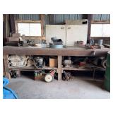 Wooden Workshop Workbench with Shelves and Assorted Shop Contents