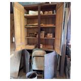 Large Wooden Storage Cabinet with Contents Including Tractor Parts, Hardware, and Wire
