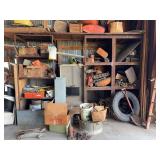 Assorted Barn Content Lot Including Automotive Parts, Hardware, and Shelving Units