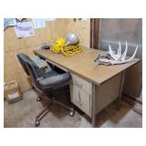 Metal Office Desk with Rolling Chair and Drawer Contents