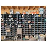 Large Wooden Workshop Parts Storage Cubby Unit with Assorted Hardware and Supplies
