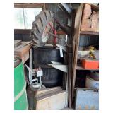 Shop Equipment Lot Including Hydraulic Press, Storage Racks, Small Tractor Tire, and Propane Heater