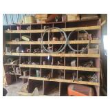 Large Wooden Storage Parts Bin with Assorted Automotive and Hardware Contents