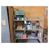 Shop Shelf Contents Including Curtis Small Parts Cabinet, Calculator, Hardware, and Miscellaneous Tools