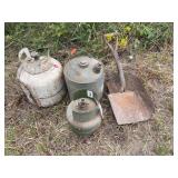 Assorted Propane Tanks, Metal Fuel Can, and Shovels Lot