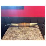 Mounted Longhorn Steer Horns with Leather and Rope Center Wrap on Wood Base