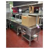 Custom Stainless Steel Preparation Table with Three APW Wyott Drop-In Warmers, Over and Under Shelves, and Waste Cutout