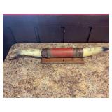 Decorated Double Horn Mount on Wood Base with Leather and Cord Accents