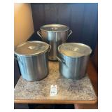 Set of Three Commercial Stock Pots with Lids