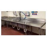 Commercial Stainless Steel Three-Compartment Sink with Dual Drainboards and Faucets