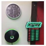 LED Open Sign and Business Hours Display with Analog Clock and Round Light Fixture
