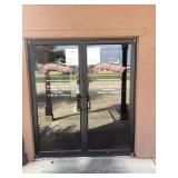 Commercial Double Glass Storefront Doors with Hickory River Smokehouse Decals and Heavy-Duty Closers