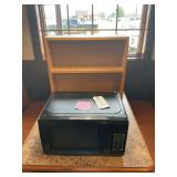 Black 700 Watt Microwave Oven and Wooden Wall Hanging Display Cabinet