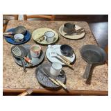 Assorted Enamelware Plates, Cups, and Cast Iron Skillets Lot