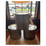 Set of Three Commercial Stock Pots with Lids