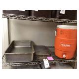 Igloo 5-Gallon Water Dispenser, Metal Food Pan, and Wire Grates Lot