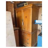 Wooden Armoire with Drawers and Miscellaneous Contents
