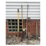 Assorted Long-Handled Garden and Yard Tools Including Shovels and Pitchfork