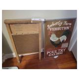 Amberley Farm Exhibition Poultry Sold Here Metal Sign and The Brass King Wooden Washboard