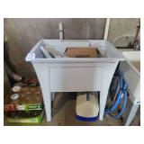 Freestanding White Plastic Utility Sink with Accessories