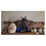 Assorted Home Decor Collection Including Cardinal Cookie Jar, Windmill Cork Holder, and Glass Oil Lamp