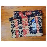 Woven Floral Textile Coverlet with Fringe and Blue and Red Pattern