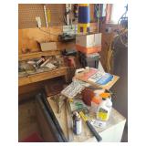 Assorted Workshop Tools, Signage, and Miscellaneous Garage Equipment