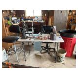 Assorted Workshop Lot with Cast Iron Hand Pump, Rolling Chair, Clamps, and Containers