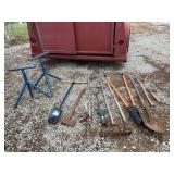 2 Post Hole Diggers, Pipe Stands, Shovel, Axes & Yard Tools