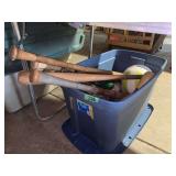 Assorted Sports Equipment Lot including Bats, Ball, and Bowling Pin in Storage Tote
