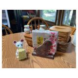Kitchen Tabletop Accessories Including Mouse Salt and Pepper Shakers, Wooden Napkin Holder, and Woven Baskets