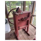 Red Painted Wooden Hand-Cranked Corn Sheller with Cast Iron Gears and Flywheel