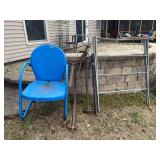 Lot of Assorted Metal Items Including Blue Chair, Cast Iron Tools, and Drying Rack