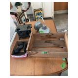 Cast Iron Crescent Toy Stove and Associated Metal Lamp Shades and Wooden Crate Lot