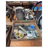 Assorted Box Lot of Metal Oil Dispensers, Hand Tools, Sanding Materials, and Hardware Supplies
