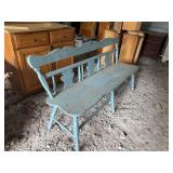 Blue Painted Wooden Bench with Spindle Back and Turned Legs