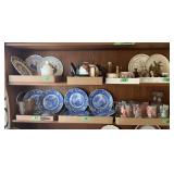 Mixed Lot of Glassware, Blue and White Transferware Plates, and Decorative Collectibles