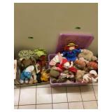 Assorted Plush Toys and Fabric Dolls in Storage Container